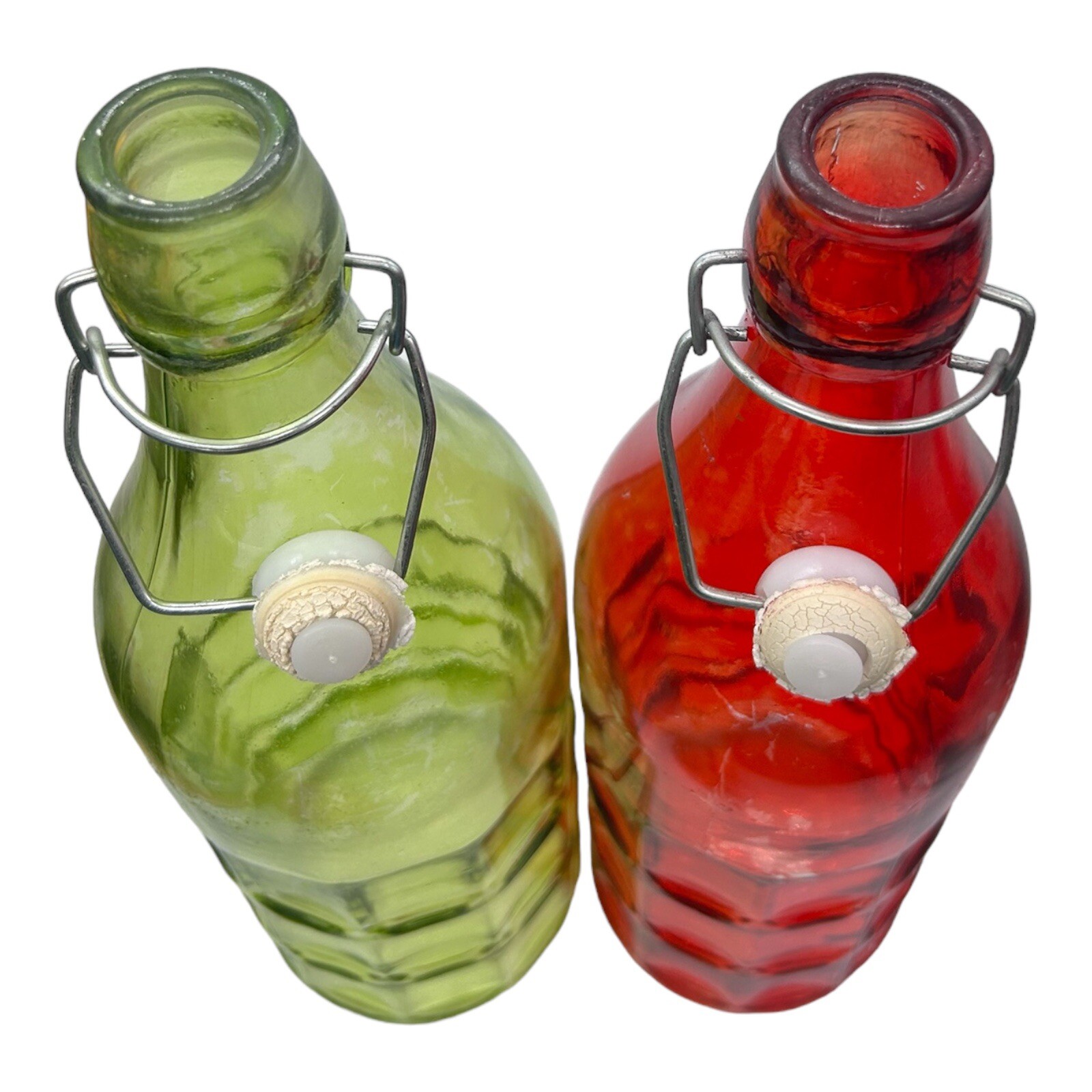 Set of 2 Vintage Glass Decorative Bottle Red & Green Raised Square Design 12"