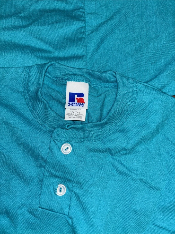 Lote De 2 Jóvenes Vintage Russell Athletic 2 Botones Henley Grande Deadstock Verde azulado Foto 2 de 4