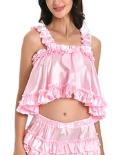 Satini Lingerie Satin Sissy Rolled Hem Edge Frilly Cami Top