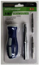 Pittsburgh 4-in-1 Soft Grip Screwdriver; Bits PH1 PH2; 3/16 1/4 in Slotted; NIP