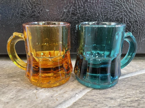 2 Shot Glasses MINI BEER MUGS Federal BLUE TEAL YELLOW AMBER GOLD Handle Vintage