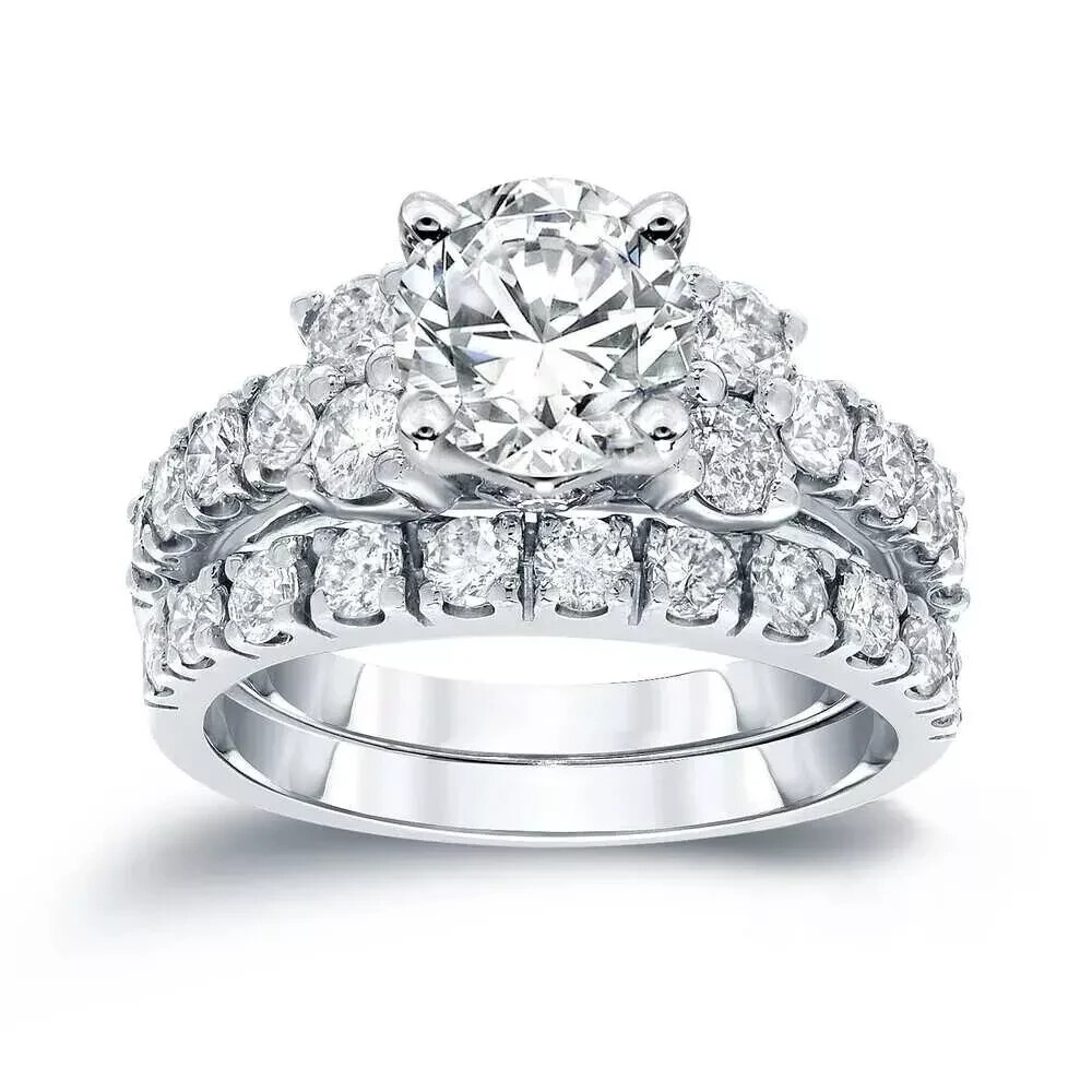 Conjunto de anillo de compromiso nupcial de corte redondo Moissanite de 2,50 quilates de oro blanco sólido de 14 quilates