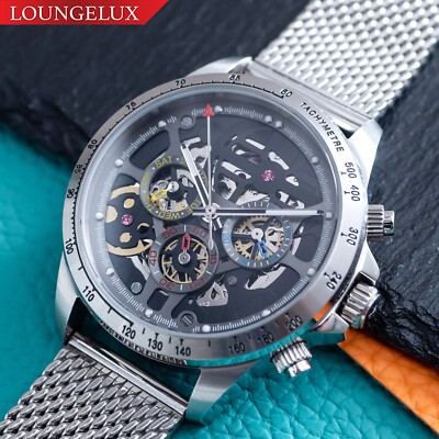 Mens Automatic Mechanical Watch Date Day Watch Silver Black Stainless Steel Mesh