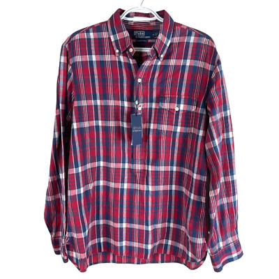 NEW Polo Ralph Lauren Mens Classic Fit Indigo Bleeding Madras Shirt Red $148 - M