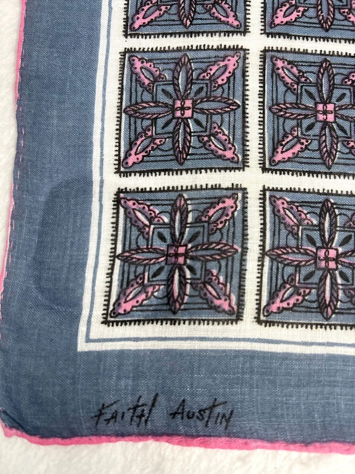 Circa 50s FAITH AUSTIN Linen Handkerchief Abstract Geometric Optic Pink Gray EXC - Image 2 of 4