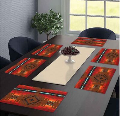 Set of 4, Multi Tribal Orange Reversible Placemats for Kitchen Dining 13 x 19 In