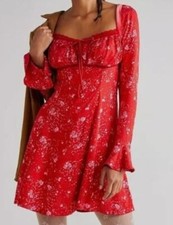 NEW Free People Women's Dress Tess Mini Red Floral Smocked Velevt Trim Small