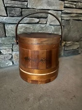 Antique Primitive Wooden Firkin Sugar Bucket Sewing Hinged Lid Farmhouse Handle