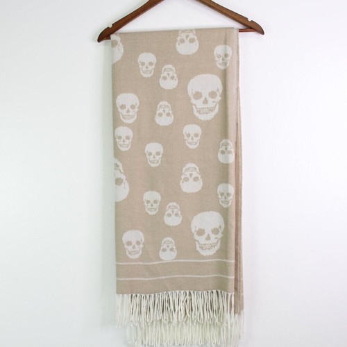 Magaschoni Skull Print Tasseled Throw Blanket Taupe White 50" x 60" - Picture 3 of 5
