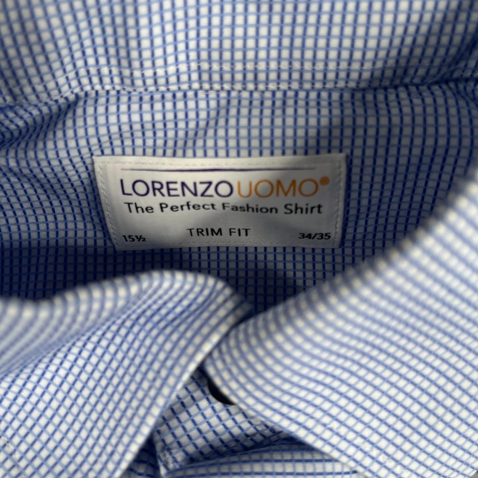 Lorenzo UOMO Shirt 15.5 Blue Mini Check Trim Fit Button Up Long Sleeve Mens - Image 4 of 4