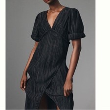 Size Small Anthropologie Black Vneck Pleated Textured Slim Midi Dress