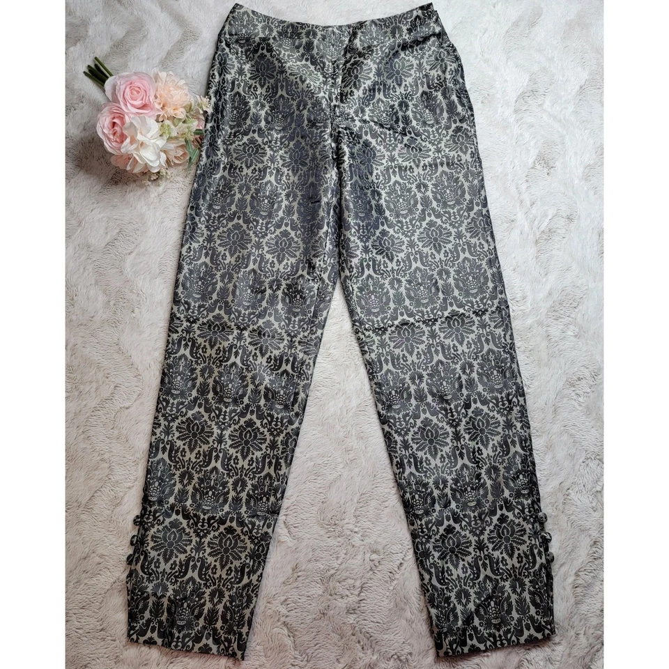 Pantalones rectos Bloomingdales negros grises blancos con estampado de damasco brillantes talla 6 Foto 2 de 4