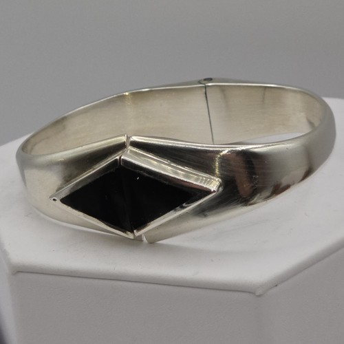 Vintage Taxco Mexiko Sterlingsilber Scharnier Armband TA-150 Modernist Obsidian 48 g - Bild 3 von 12