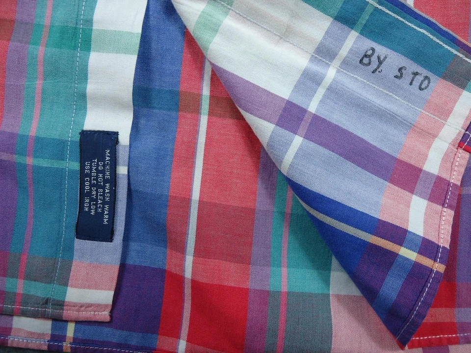 复古 Gant 衬衫男式 3X Big Foxhunt 蓝色红色马德拉斯格子纽扣 LSleeve — 第 4/4 张图片