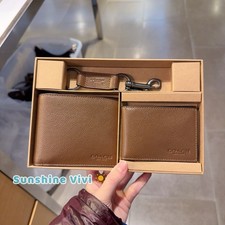 NWT Coach Boxed 3 In 1 Bifold Wallet Set With Key Fob Leather CS433 DARK SADDLE