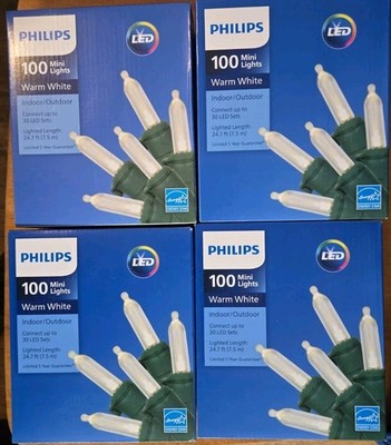 LOT OF 4! Philips Mini LED Lights 100 Count Warm White Indoor Outdoor Green Wire