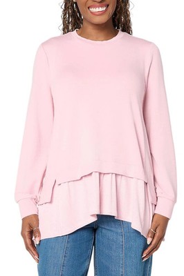 LOGO by Lori Goldstein Women's French Terry Top w/Rib Knit Hem Pink
