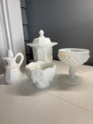 Vintage Westmoreland/Fenton milk glass grape and leaves four-piece lot.