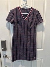 Tommy Hilfiger Blue and White Check Off The Shoulder Swing Dress Sz 2 Tweed USA