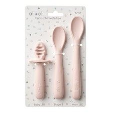 3 PCS Silicone Spoon Set Baby Unbreakable Self Feeding Utensils Blush Handle