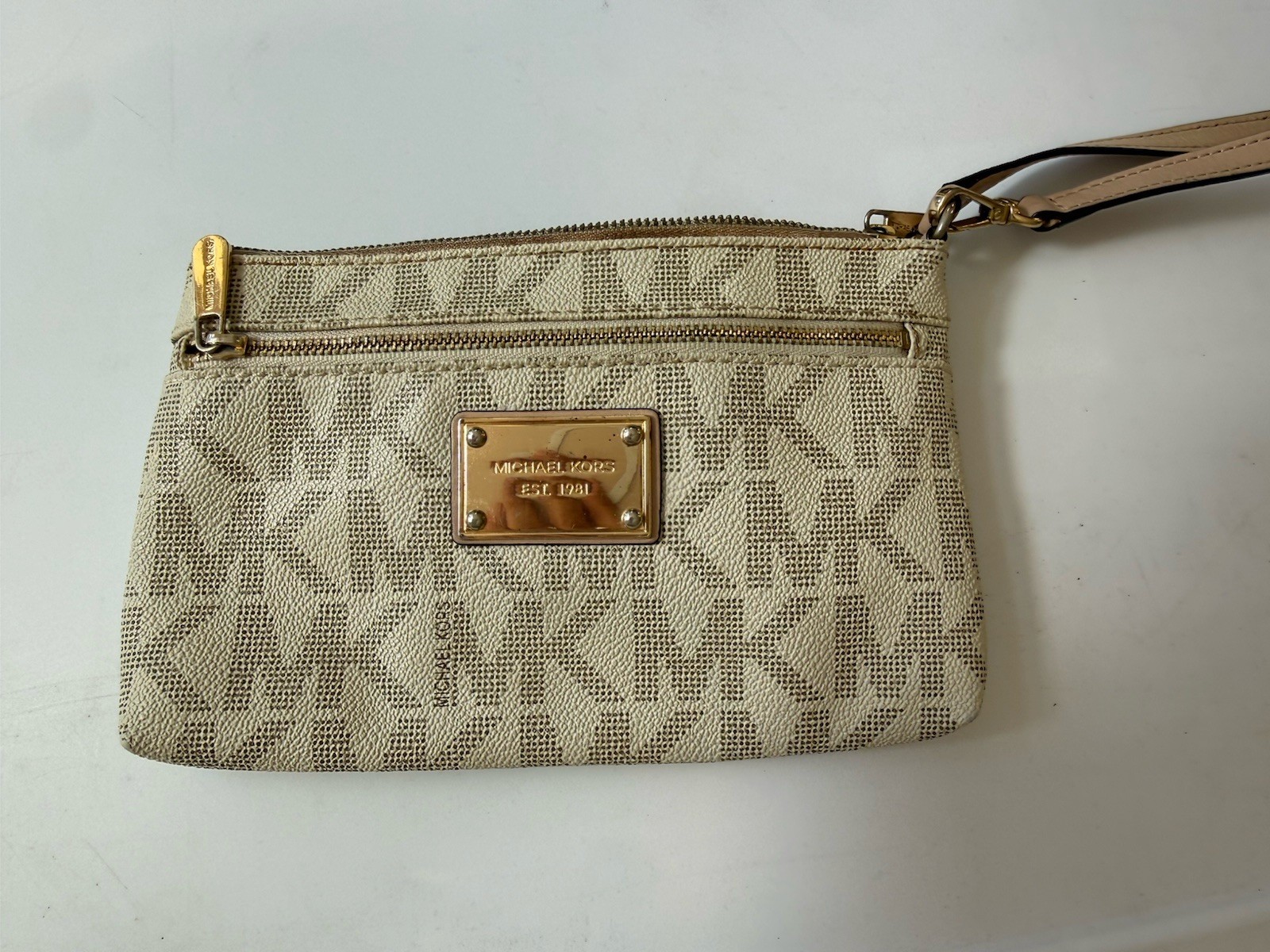 Michael Kors Beige Brown Logo Wristlet Bag Gold Hardware Zip Closure