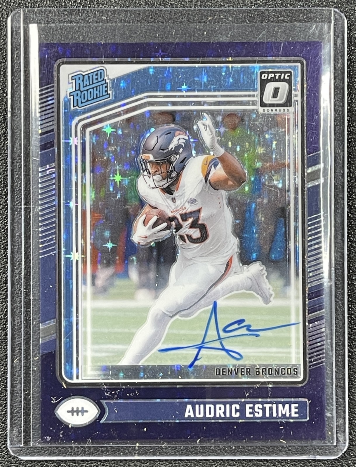 AUDRIC ESTIME 2024 PANINI DONRUSS OPTIC 206 RATED ROOKIE AUTO PURPLE STARS 12/42