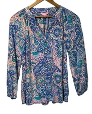 Lilly Pulitzer Elsa Silk Top No-Prob-Llama Blue Pink Floral Blouse Womens SZ XS