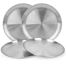 Reusable Brushed Metal Dinner Plates-Stainless Steel Round Plate Heavy Duty