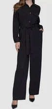 Halston Women's Black Trench Tie-Waist Wide-Leg Long-Sleeve Jumpsuit Size 2