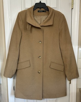 Lauren Ralph Lauren Camel Wool Blend Funnel Neck Single Breasted Coat Size 10