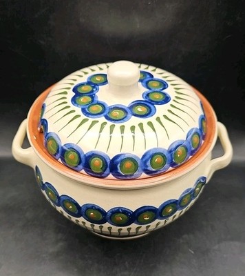 Handarbeit Germany Redware Pottery Soup Tureen Bowl w/Lid Peacock Pattern