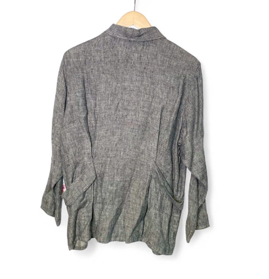 FLAX Black 100% Linen Jacket Tunic Womens Small Oversize Lagenlook Button Blazer - Image 2 of 4