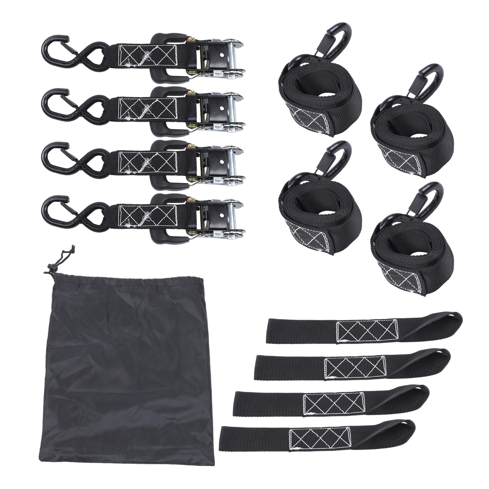 Ratchet Straps (4 Pack) - 5,208lbs Break Strength 1.6"x8' Black Tie Down Straps