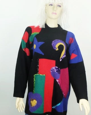 vintage XXL 80er oversize PULLOVER abstraktes muster pailletten wolle angora - Bild 1 von 4