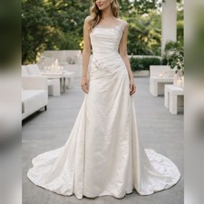 Jolie Bridal Ivory Satin Illusion Neckline Beaded Wedding Dress sz 10