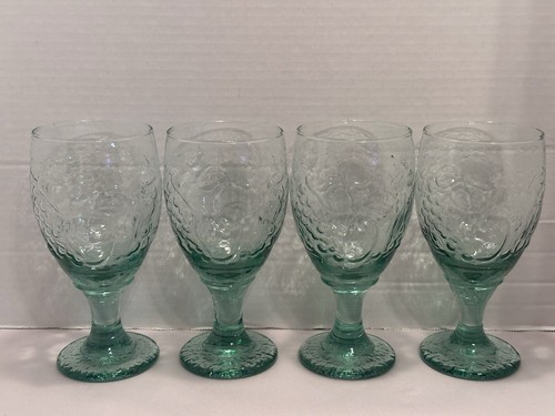 4 PC Vintage Libbey Orchard Fruit Wine Glasses Water Goblets Spanish Green 7”