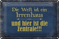 Schild Blech 30X20Cm - Made In Germany - Spruch Welt Ist Ein Irrenhaus Und Metal