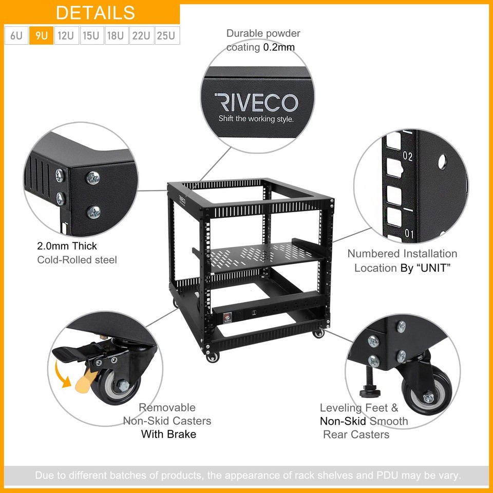 9U Open Frame Server Rack with Wheels + PDU (8 Outlets) Power Strip ...