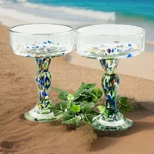 Hand Blown Confetti Stemmed Margarita Glasses 7-1/4” Tall Set Of 2*