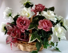 Fresh Spring Garden Pink & White Roses Silk Floral Arrangement in a Woven Basket