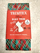Vintage Trimtex Bias Trim Tape Red & Green Plaid Single Fold 3 Yards Cotton