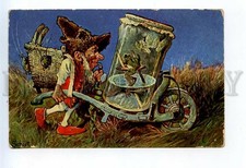 523901 SCHLITT Hunt Smoking GNOME Dwarf FROG Grasshopper Vintage postcard #215