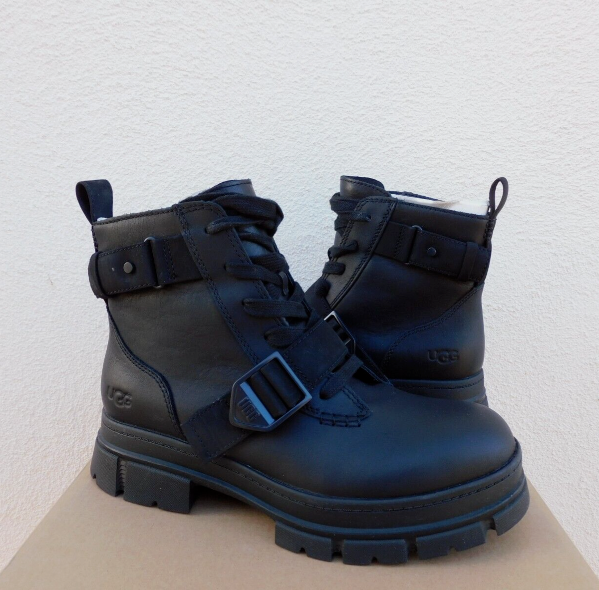 UGG ASHTON BLACK WATERPROOF LEATHER MOTO BIKER PLATFORM BOOTS, US