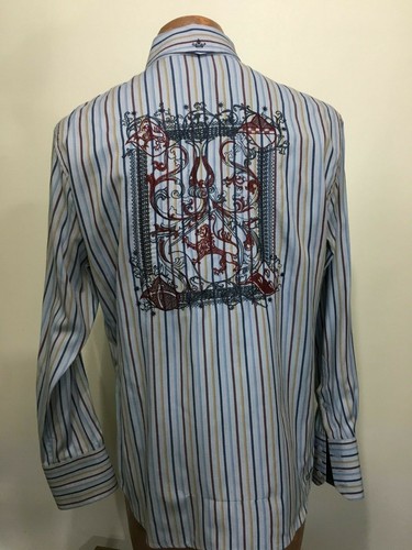 English Laundry M Blue Striped Long-Sleeve Cotton Shirt Flip Cuffs Embroidery - Picture 4 of 6