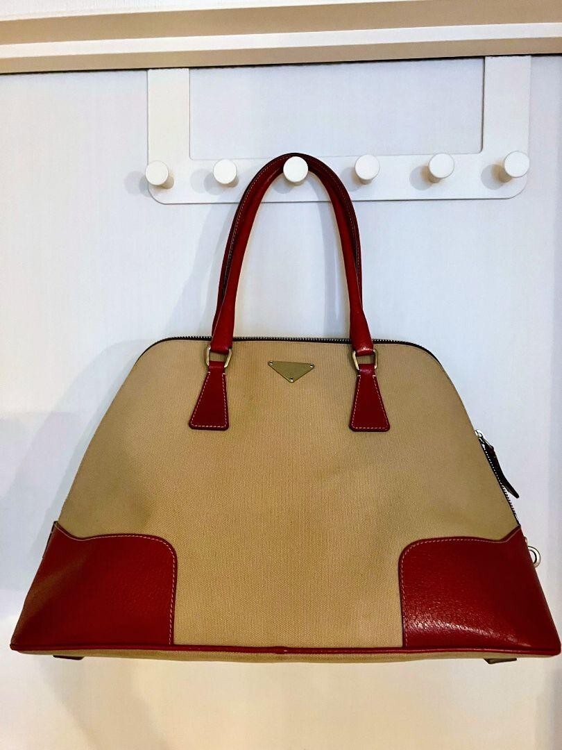 Prada Handbag Mini Boston Bag Beige Red Canvas Leather T6656