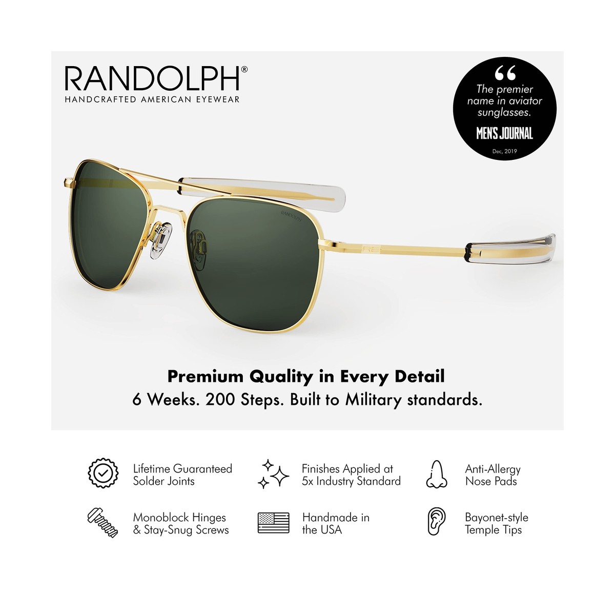 Randolph USA | Gold Classic Aviator Sunglasses for Men or Women