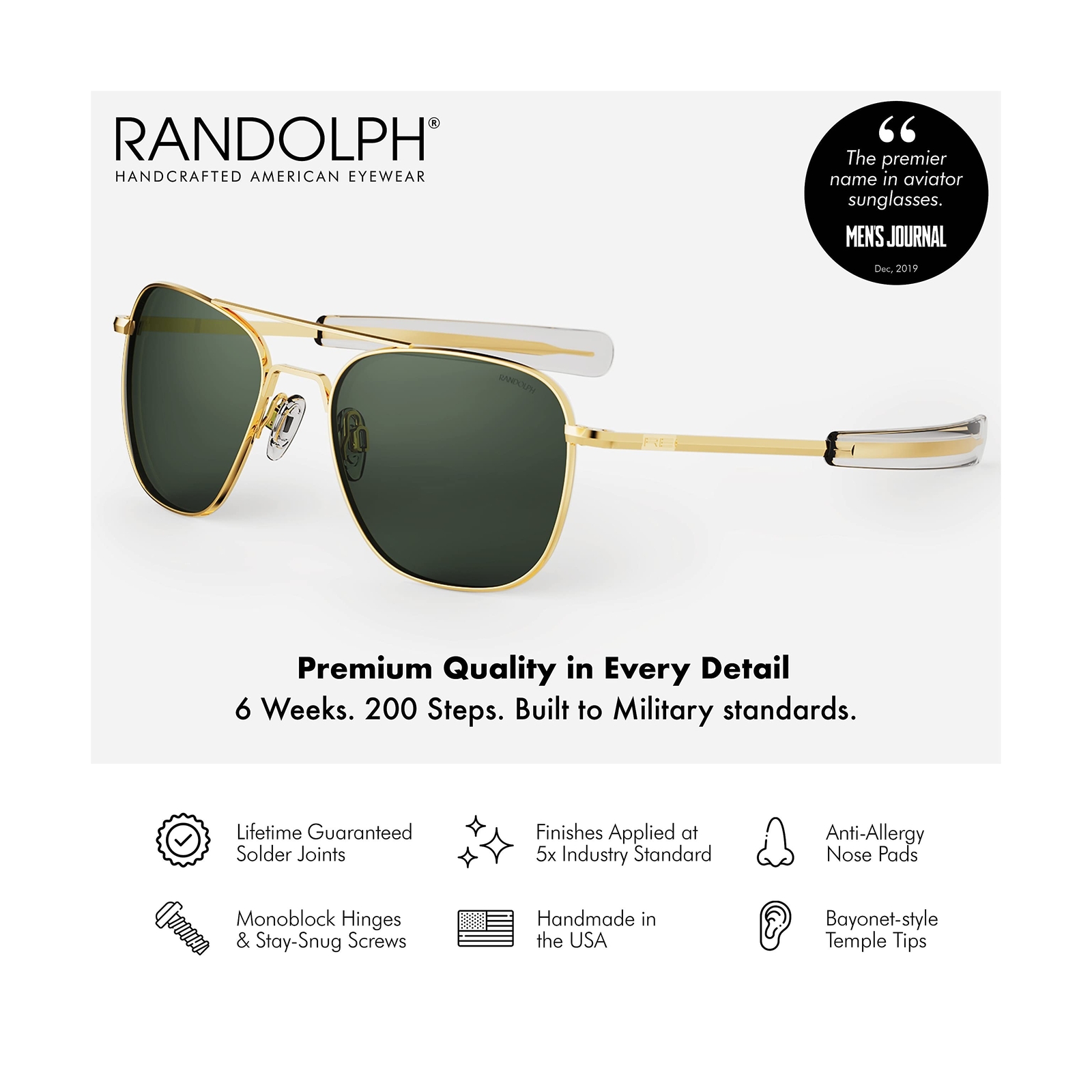 Randolph USA | Gold Classic Aviator Sunglasses for Men or Women 100percent UV image 2