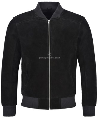 70er Jahre Herren Bomber Lederjacke schwarz 100 % echtes Wildleder klassisch Retro Stil 275-P