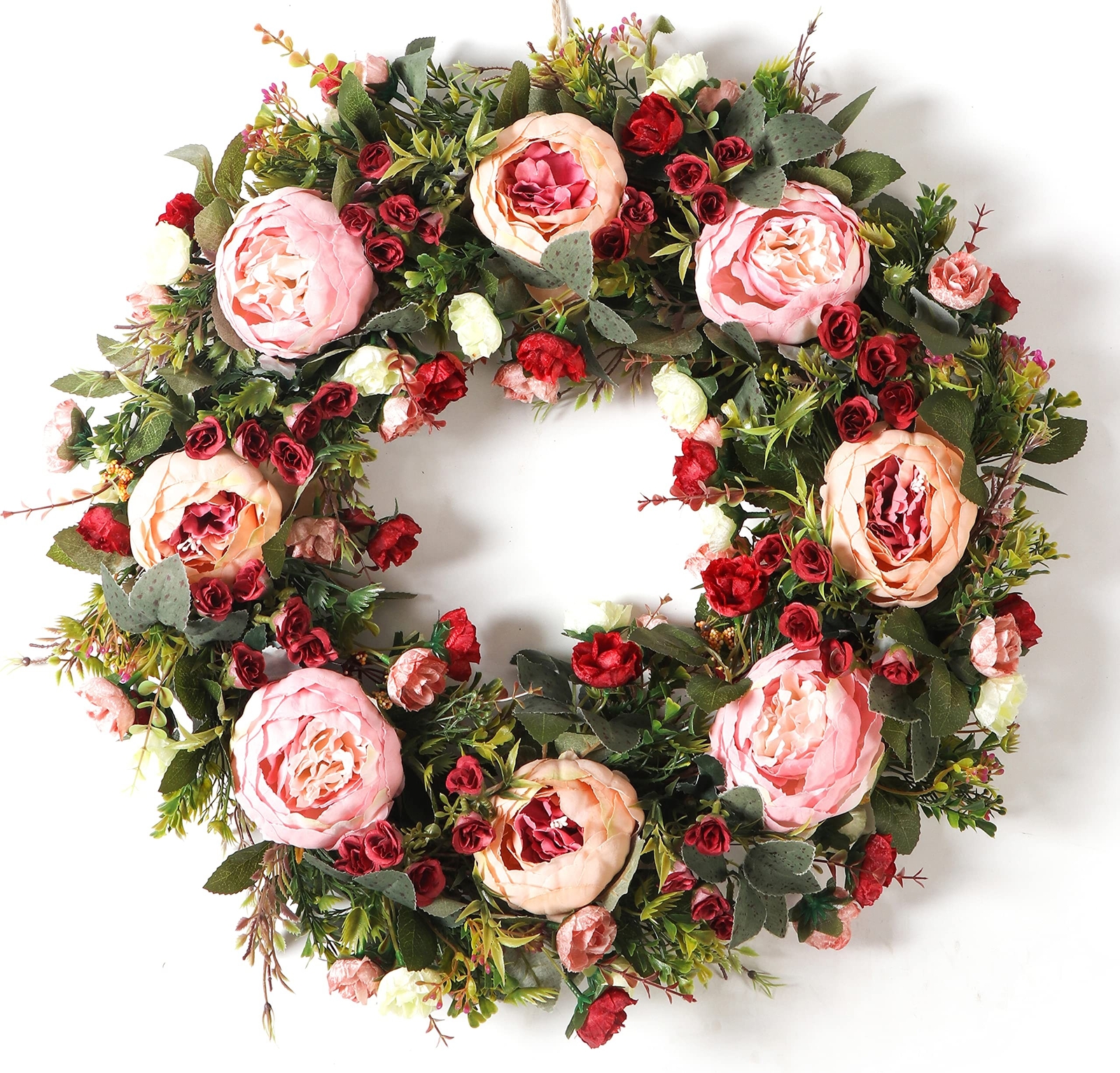 24in Handmade Pink Peony Spring Wreath for Front Door Artificial Floral Decor