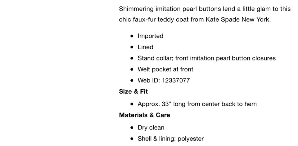 NUEVO CON ETIQUETAS KATE SPADE Abrigo de Piel Sintética de Peluche Botón Perla Rosa Talla Grande Cálido Suave $368 Foto 3 de 3